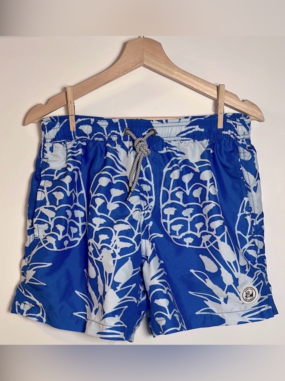 Surfcuz Men’s Blue & White Topical Pattern Swim Trunk Bathing Suit Shorts